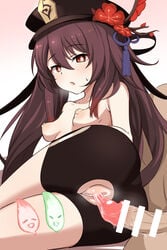 1boy ass bare_shoulders black_shorts blush breasts brown_hair censored clothed_female_nude_male clothed_sex condom donutman erection female flower genshin_impact half-closed_eyes hat highres hu_tao_(genshin_impact) looking_at_viewer nipples nude open_mouth penis puffy_nipples pussy red_eyes short_shorts shorts small_breasts symbol-shaped_pupils topless torn_clothes torn_shorts twintails used_condom