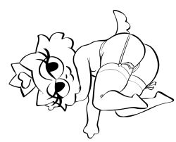 2026 anthro butt clothing crown domestic_cat felid feline felis female garter_straps genitals headgear hi_res kingdom_of_cats legwear looking_at_viewer lying mammal monochrome necrolepsy on_side princess_marlin seductive smile solo thigh_highs vulva
