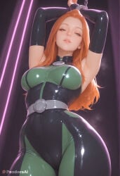 1girl absurd_res ai_generated armpits arms_up artist_name artist_upload bodysuit bound bound_wrists breasts chain cuffs from_below green_bodysuit green_eyes half-closed_eyes hi_res large_breasts lips long_hair looking_at_viewer medium_breasts more_at_source orange_hair pandora parted_lips patreon patreon_username sam_(totally_spies) self_upload skin_tight smile solo totally_spies uncensored watermark