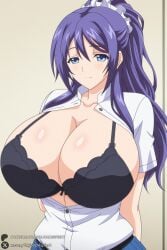 1female 1girl 1girls 2026 ai_generated arms_behind_back artist_name big_ass big_breasts black_bra blue_eyes blue_skirt blush bra breasts cleavage curvy hair_ornament hi_res high_quality high_resolution highres huge_ass huge_breasts long_hair looking_at_viewer mankitsu_happening open_clothes open_shirt patreon patreon_username ponytail purple_hair rei_suzukawa school_uniform scrunchie shirt short_sleeves skirt smile solo underwear unjobdespiert watermark white_shirt
