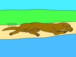 2002 4:3 animal_genitalia balls brown_body brown_fur feet feral fur genitals grass male mammal mustelid nude otter plant river riverside sheath sky smile solo toony urbanhermit water