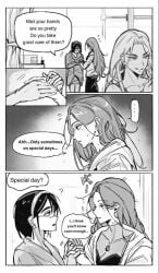 alien_stage comic english_text glasses greyscale holding_hands hyuna_(alien_stage) long_hair mizi_(alien_stage) short_hair sua_(alien_stage) towel