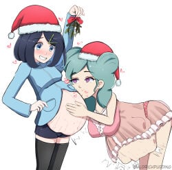 black_hair black_hair_female christmas christmas_outfit enjoying_pregnancy fetal_movement green_hair green_hair_female kicking_(pregnancy) liko_(pokemon) original original_character pokemon pokemon_horizons pregnant pregnant_belly pregnant_female yuri