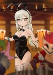 artist_request astellar_diabellstar_(sinful_spoils) beer beer_bottle blush bodysuit bunny_ears bunnysuit diabellstar_the_black_witch duel_monster female fringe globin_rider_dug_the_assaulter goblin_biker green_hair grey_eyes hi_res konami necklace necktie pale_skin ponytail silver_hair standing sweatdrop teenage_girl teenager thighs uncomfortable waitress walking yu-gi-oh!