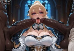 1girl 2boys ai_generated artist_name bangs black_bow black_gloves blonde_hair blue_capelet blue_eyes blue_gloves blush bow breasts capelet cleavage clothing corset dark-skinned_male dark_penis dark_skin detached_collar detached_sleeves double_handjob erection female genshin_impact gloved_handjob gloves group_sex hair_between_eyes hair_bow hair_ornament half-closed_eyes handjob hetero huge_penis imminent_fellatio indoors interracial jean_(genshin_impact) jean_gunnhildr large_breasts large_penis long_hair long_sleeves looking_at_viewer makeup male mmf_threesome mole_on_breast multiple_boys muscular nude open_mouth pants patreon_username penis penis_grab penis_size_difference ponytail saliva saliva_trail sidelocks solo_focus strapless sweat teeth testicles threesome tongue tongue_out upper_teeth_only vantawaifu veins veiny_penis very_dark_skin white_pants