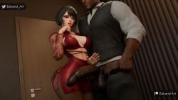 3d 3d_model ass before_sex big_ass black_hair black_male black_penis boobs breasts butt cleavage clothed clothed_female curvy curvy_female erect_penis erection eskandart evie_(fortnite) formal formal_wear fortnite hand_on_ass hand_on_hip hotel_room huge_ass lips lipstick pants_down pantyhose shocked shocked_expression suprised suprised_look tits