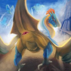 4_toes akaylass animal_genitalia anisodactyl butt capcom claws cloaca feathered_crest feathers feet female feral flying_wyvern genitals head_crest hi_res looking_at_viewer looking_back looking_back_at_viewer monster_hunter presenting presenting_cloaca presenting_genitalia presenting_hindquarters raised_tail scalie scutes solo tail toes vulva wings