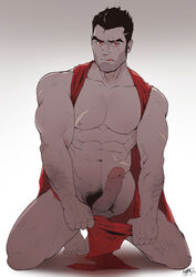 1boy :q abs absurdres bara bare_pecs beard black_hair darius_(league_of_legends) erection eyebrow_cut facial_hair full_body gay highres kneeling league_of_legends long_sideburns male_focus male_pubic_hair mature_male muscular muscular_male naked_shirt navel navel_hair nipples pectorals penis pubic_hair red_eyes red_shirt saury saury_dog scar scar_across_eye scar_on_chest shirt short_hair solo stomach stubble thighs tongue tongue_out uncensored