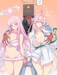 1boy 2girls ahoge ass_visible_through_thighs bare_thighs bikini blue_archive blush breast_grab breasts cleavage deep_skin double_breast_grab grabbing_from_behind green_eyes groping halo hanako_(blue_archive) hanako_(swimsuit)_(blue_archive) large_breasts mika_(blue_archive) mika_(swimsuit)_(blue_archive) navel pink_hair red_bikini red_swimsuit revolverwingstudios shirt stomach swimsuit thighs very_long_hair white_bikini white_swimsuit yellow_eyes