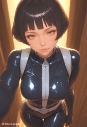 1girl absurd_res ai_generated alex_(totally_spies) artist_name artist_upload belt black_bodysuit black_hair blunt_bangs bob_cut bodysuit breasts brown_eyes brown_hair closed_mouth hi_res large_breasts latex latex_bodysuit lips looking_at_viewer more_at_source pandora patreon patreon_logo patreon_username self_upload selfie short_hair skin_tight smile solo thigh_gap totally_spies uncensored watermark