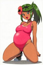 dark-skinned_female dark_skin female female_only green_hair mallow_(pokemon) pokemon pokemon_sm pregnant pregnant_belly pregnant_female solo solo_female solo_focus squatting swimsuit swimwear trial_captain trial_captain_mallow