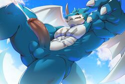 1boy anthro balls blue_skin blush closed_eyes cum cumshot digimon erection exveemon furry looking_down low-angle_view male male_only muscular no_nipples nude sollyz solo wings