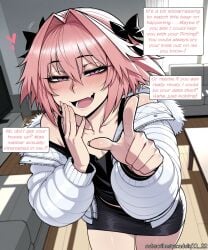 11_22 ai_generated astolfo_(fate) blush braid comic dialogue fang fate_(series) femboy genderswap genderswap_(mtf) half-closed_eyes heart laughing looking_at_viewer motion_lines open_mouth pink_hair pointing rule_63 skin_fang smug speech_bubble sweat text