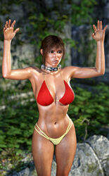 3d abs armpits big_lips bikini brown_eyes brown_hair female_only janus3003 lara_croft lara_croft_(classic) large_breasts sex_slave shiny_skin slave slave_collar slavegirl solo surrendering sweat tagme tomb_raider