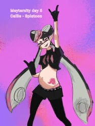 black_hair black_hair_female callie_(splatoon) inkling inkling_girl mayternity nintendo pregnant pregnant_female rock_on_hand_sign sketch splatoon splatoon_(series) tattoo tattoo_on_belly
