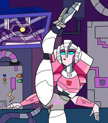 1girls alien alien_girl arcee blue_eyes machine mechanical open_legs partially_clothed pink_pussy pubic_tattoo pussy red_lips red_lipstick robot robot_girl shockwave shockwave_(transformers) spread_legs thick_legs transformers transformers_cyberverse vagina