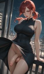 1futa ai_generated balls big_breasts big_penis black_dress breasts dickgirl dress dress_lift evening_lady_(jamesbron) female flaccid foreskin futa_only futanari intersex jamesbron large_breasts large_penis long_hair looking_at_viewer no_panties penis ponytail red_eyes red_hair sleeveless_dress solo solo_futa standing thighs uncircumcised wide_hips wind wind_lift