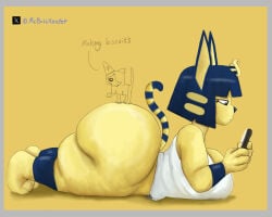 1girls animal_crossing ankha_(animal_crossing) anthro ass blue_hair bottomless bottomless_female breasts cat feline feline_humanoid female female_focus female_only furry hips large_ass large_breasts mrbrickeater nintendo phone thick_thighs thighs wide_hips yellow_fur