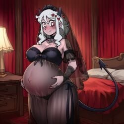 ai_generated black_dress bride bride_veil demon_girl demon_horns demon_tail embarrassed female gothic gothic_girl gothic_lolita helltaker lazybonesai looking_at_viewer modeus_(helltaker) pregnant pregnant_belly pregnant_female pupils symbol-shaped_pupils thicc_thighs wedding_dress