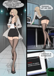 1girls black_dress blonde_female blonde_hair comic comic_page dress english_text labcoat speech_bubble text voreprank win4699