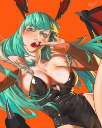 1girls aqua_eyes aqua_hair belly_button big_breasts breasts cleavage clothing darkstalkers fangs female female_focus female_only leotard long_hair looking_at_viewer morrigan_aensland nail_polish tagme wings wings_on_head