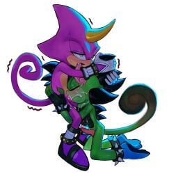 2boys blowjob commission cum_on_body cum_on_face espio_the_chameleon eyes_closed fellatio fingerless_gloves gay_male green_scales green_skin kneeling kneeling_oral_position lizard lizardman long_tongue mobian_(species) oc_x_canon original_character pinklilim purple_body scales scalie sonic_(series) sonic_oc sonic_the_hedgehog_(series) spiked_anklet spiked_bracelet tongue_out yaoi