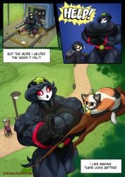 1girls abs anthro arms_crossed arms_crossed_under_breasts avian biceps big_breasts black_hair breasts busty cat cleavage clothing comic comic_page demon demon_girl elderly elderly_female feline female female_focus furry hat helluva_boss huge_breasts human large_breasts leotard massive_breasts mrmelted muscular muscular_female octavia_(helluva_boss) png red_eyes rescue robber sarah_(mrmelted) starbreaker superheroine tail_feathers text text_box thick_thighs thunder_thighs train tree vehicle wide_hips