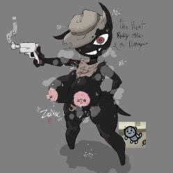 anthro areola big_breasts black_body black_fur bodily_fluids breasts clothing cowboy_hat crossgender dialogue dibujobienraro domestic_cat featureless_feet feet felid feline felis female front_view fur genital_fluids genitals grey_background gun hand_on_hip hat headgear headwear hi_res holding_gun holding_object holding_ranged_weapon holding_weapon huge_breasts looking_at_viewer mammal mewgenics missing_tooth nipple_piercing nipples nude piercing pink_areola pink_nipples ranged_weapon red_eyes scarf simple_background smile solo sweat text thick_thighs vaginal_fluids vulva weapon wide_hips zodiac_(mewgenics)