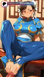 1girl 1girls 2026 ai_generated artist_name blush boobs bracelet breasts brown_eyes brown_hair bust chest chinese_clothes chun-li cum dress earrings electroworld feet hetero hi_res high_quality high_resolution highres jewelry no_legwear pantyhose patreon patreon_username pelvic_curtain stable_diffusion street_fighter tits watermark