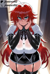1girl ahoge ai_generated aqua_eyes artist_name black_clothes black_ribbon black_skirt black_thighhighs blue_eyes blue_nails blush bra_visible_through_clothes breasts closed_mouth clothing crossed_bangs curvy doorway female garter_straps hair_between_eyes hands_on_own_cheeks hands_on_own_face high_school_dxd huge_ahoge huge_breasts jennieart02 large_breasts legwear long_hair long_sleeves looking_at_viewer miniskirt nail_polish neck_ribbon patreon patreon_logo patreon_username plump puffy_sleeves red_hair rias_gremory ribbon see-through shirt short_sleeves skirt smile solo standing sweat thick_thighs thighhighs thighs twitter twitter_username very_long_hair watermark white_shirt wide_hips