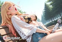 1girl ai_generated bangs bench big_breasts bikini bikini_under_clothes black_bikini black_choker blonde_hair blush breasts choker colored_tips day denim denim_shorts ear_piercing earrings female_masturbation floral_print gradient_hair hitachi_magic_wand jewelry kitagawa_marin large_breasts long_hair marin_kitagawa masturbation mature_female multicolored_hair my_dress_up_darling naughtygirlsai one_eye_closed open_clothes open_mouth open_shirt orgasm outdoors park_bench piercing pink_eyes pink_hair pink_nails print_bikini red_eyes sex_toy shirt short_shorts shorts sitting solo sono_bisque_doll_wa_koi_wo_suru sweat swimsuit thighs two-tone_hair vibrator white_shirt