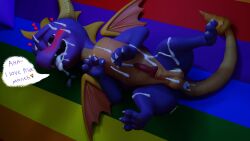 16:9 4k absurd_res activision balls blush bodily_fluids claws cum cum_in_ass cum_in_mouth cum_inside cum_on_balls cum_on_body cum_on_face dialogue dragon feral genital_fluids genitals hi_res horn lewdview male mythological_creature mythological_scalie mythology penis purple_eyes scalie solo speech_bubble spyro spyro_the_dragon tail tongue tongue_out widescreen wings