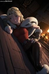 1girl ai_generated astrid_hofferson belt blonde_hair blue_eyes braid breasts crown_braid fur_trim gloves hand_on_hip hi_res high_quality high_resolution how_to_train_your_dragon looking_at_viewer lying medium_breasts on_side pants patreon seductive sexy spicytoonai uncensored watermark