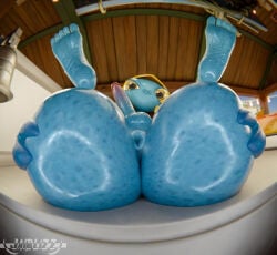 3d_(artwork) animal_humanoid anthro anus anus_focus aquatic aquatic_humanoid balls big_butt blue_body butt butt_grab cephalopod cephalopod_humanoid coleoid decapodiform digital_media_(artwork) erection feet feet_up genitals hand_on_butt hi_res humanoid jaiblizz looking_at_viewer male mollusk mollusk_humanoid outside penis public public_nudity soles solo squibbly_(fortnite) squid thick_thighs toes yellow_sclera