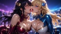 2girls ai_generated arched_back big_breasts black_hair blonde_hair blue_eyes blue_suit hair_ornament huge_breasts kissing latex latex_bodysuit latex_clothing latex_skinsuit latex_suit long_hair open_mouth red_suit skindentation tight_clothes tight_clothing tight_fit tounge_out white_skin yellow_eyes