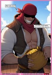 abs ai_assisted ai_generated anime anime_style bag bandana black_eyes black_gloves blush caption chest_focus close_up clouds coins comic comic_page comic_strip comics daytime deck detailed_background dialogue dirty_talk dominant dominant_male domination embarrassment fingerless_gloves gloves gold_coins grin hentai highres holding_object large_pectorals looking_at_viewer male male_focus male_only manga manga_page meowllete money money_bag muscular muscular_arms muscular_chest muscular_male nami nami_(one_piece) ocean offering one_piece one_piece_film_gold one_piece_film_red open_shirt open_vest outdoors pectorals pirate power_imbalance red_bandana red_scarf scarf sea ship ship_deck sky smile smug smug_face solo speech_bubble story submission submissive sunny sweat sweatdrop sweating sweaty sweaty_body tan_skin teeth text text_bubble torso_focus treasure treasure_trail tsundere uncensored upper_body vest white_shirt wooden_floor