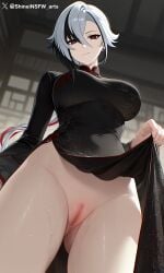 1girls ai_generated arlecchino_(genshin_impact) genshin_impact kimono looking_at_viewer pussy red_eyes shineinsfw smile uncensored uncensored_pussy white_hair