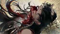 1boy black_hair blood blood_from_mouth blood_on_clothes blood_on_face blood_splatter commentary_request covered_eyes crown dark-skinned_male dark_skin death decapitation earrings guro hair_over_eyes highres injury jewelry long_hair male_focus necklace oarfish_(artist) pectorals reverse_ryona simple_background solo sultan's_game teeth the_sultan_(sultan's_game)