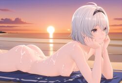 ai_generated beach breasts butt completely_naked completely_naked_female completely_nude completely_nude_female cum_on_back esper_zero_(neverness_to_everness) evening lying_on_stomach lying_on_towel neverness_to_everness nipples sand small_breasts solo solo_female solo_focus sun sunset towel