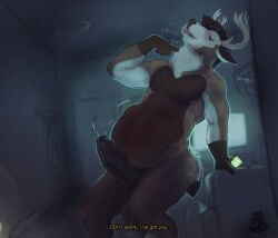 2021 abdominal_bulge after_vore anthro antlers balls bodily_fluids deer dialogue electronics genital_fluids genitals horn male mammal neck_bulge nolow nude oral_vore penis phone precum prey_bulge saggy_balls solo vore