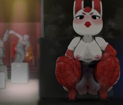 animal_crossing anthro areola biped blush bodily_fluids breasts clothed clothing female genital_fluids genitals hi_res lagomorph legwear leporid mammal mdthetest nintendo nipples pupils rabbit red_clothing thigh_highs tiffany_(animal_crossing) vaginal_fluids vulva white_body