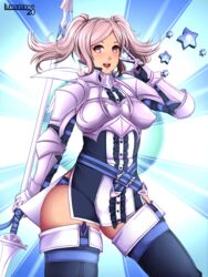 1girls armor bare_thighs blue_panties breasts cynthia_(fire_emblem) female fire_emblem fire_emblem_awakening garter_belt looking_at_viewer lumarianne20 medium_breasts nintendo open_mouth panties pink_eyes pink_hair pose short_hair smile solo solo_female spear thick_thighs thighhighs twintails weapon