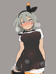 1girls bea_(pokemon) black_bodysuit black_hairband blue_eyes blush bodysuit covered_navel cowboy_shot crop_top erect_nipples female female_only game_freak gloves grey_background grey_hair gym_leader hair_between_eyes hairband kumasteam large_breasts looking_at_viewer nintendo orange_gloves pokemon pokemon_(game) pokemon_ss shirt_lift short_sleeves shorts shorts_pull single_glove skin_tight solo steaming_body sweat two-tone_gloves wristband