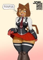 1girls bible_black brown_hair cameltoe cat_ears cat_girl cat_nose cat_tail cat_whiskers catgirl dialogue gameoverse jorl kit_(gameoverse) leopard_print_panties lifting_skirt open_mouth qr_code red_iris school_uniform school_uniform_(bible_black) schoolgirl_uniform small_breasts stockings teeth text text_bubble thighs tie yellow_eyes