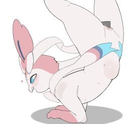 2026 abdominal_bulge animal_ears blue_inner_ear blue_sclera blush body_blush eeveelution female feral generation_6_pokemon genitals heart_reaction hi_res nintendo nude open_mouth penetration pokemon pokemon_(species) sharp_teeth skeleton265 solo sylveon teeth vaginal vaginal_penetration vulva vulva_blush white_body white_eyes white_skin