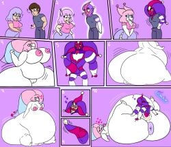 10_panel_comic antennae_(anatomy) anus belly belly_expansion big_anus big_butt blue_eyes bodily_fluids bottom_heavy butt butt_expansion clothed clothed_female clothed_male clothing clothing_loss comic cum cum_in_vagina cum_inside duo ejaculation erection erection_under_clothing exclamation_point expansion eyes_closed female female_penetrated genital_fluids genitals grey_eyes hair happy happy_sex heart_eyes heart_symbol hi_res huge_anus huge_butt human humanoid hyper hyper_anus hyper_genitalia hyper_vulva jester jestrina_(oc) large_female male male/female male_penetrating male_penetrating_female mammal multicolored_body muscular muscular_male nude orgasm_face overweight overweight_female penetration penis pink_hair plump_labia puffy_anus question_mark sex size_difference smaller_male species_transformation t_m_f_w tagme tongue tongue_out top_heavy torn_clothing transformation unusual_anatomy unusual_genitalia unusual_penis vaginal vaginal_penetration vulva watermark white_body