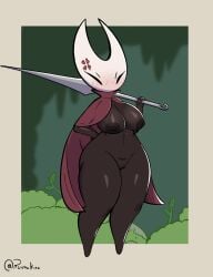 anthro areola arthropod big_breasts black_eyes black_lines border breasts brown_areola brown_body brown_nipples cloak cloak_only clothing cross-popping_vein eyelashes featureless_feet feet female front_view grey_border hi_res holding_object holding_weapon hollow_knight_(franchise) hornet_(hollow_knight) insect navel nipples non-mammal_nipples pink_cloak pink_clothing pusys ruimu_kiou solo team_cherry thick_thighs weapon white_body wide_hips