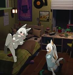 animated animation anthro bed blanket blush breasts cactus calendar_(object) desk desk_lamp diamond_pickaxe doremifaso64 felid feline felis female female_focus fur minecraft mojang nipples nude nude_anthro nude_female pickaxe pillow tagme tail video white_fur white_hair
