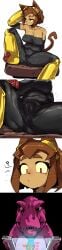 1boy 1girls 2026 2d 2d_(artwork) big_breasts breasts brown_hair cameltoe cat_ears cat_girl cat_humanoid cat_tail close-up clothed clothed_female clothing color colored dinosaur doppel female female_focus funny furry furry_female gameoverse gloves gobbles_(gameoverse) hand_behind_head kit_(gameoverse) multiple_images nipple_bulge pussy pussy_focus pussy_outline red_eyes sharp_teeth sitting sweat sweaty sweaty_body tight_clothing watching