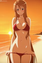 1girl ai_generated ass_visible_through_thighs beach bikini bikini_pull blush breasts brown_eyes brown_hair cleavage closed_mouth clothes_pull collarbone cowboy_shot digitalwaifugallery groin hi_res high_quality high_resolution large_breasts long_hair medium_breasts navel ocean outdoors patreon pulled_by_self red_bikini seductive sexy solo standing stomach sunset swimsuit sword_art_online thigh_gap uncensored very_long_hair water watermark yuuki_asuna